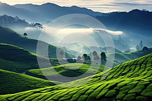 A stunning view of a hillside blanketed in a vibrant green, teeming with an abundance of trees, Organic tea plantation in the