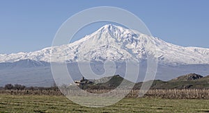 Stunning view on Hor Virap Monastery with Ararat Mount in background. Armenia.