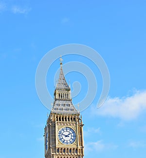 Stunning view of the iconic Big Ben clock tower in London, England in blue sky background