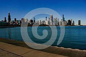 Stunning view of the iconic Chicago skyline, with the Shedd Aquarium pier and the lake