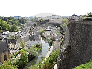 Stunning view of the lower city along Alzette river and Le Chemin de la Corniche of Luxembourg