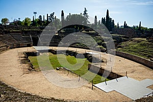 Stunning view of MÃ©rida\'s Roman amphitheater, a historical gem showcasing ancient architecture. photo