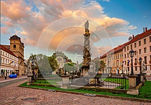 Stunning view of Main square in Kosice with Plague Column in Kosice at the evening , Slovakia