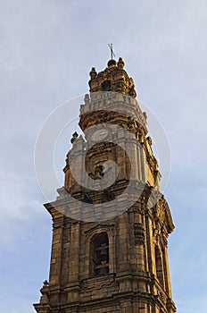 Stunning view of medieval Clerigos Tower, Church of Clerigos Igreja dos Clerigos, 1763 - one of main symbols of Porto. Portugal