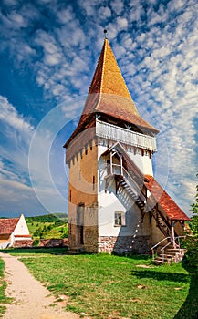 Stunning view of medieval defense tower of Biertan fortified church, Transylvania, Romania