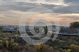 Stunning view of Mount Ararat and the city of Yerevan. Beautiful sunset