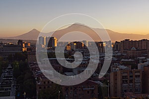 Stunning view of Mount Ararat and the city of Yerevan. Beautiful sunset