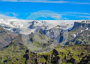 Stunning view on Myrdalsjokull glacier, hiking in Thorsmork, southern Iceland