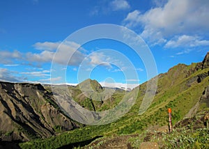 Stunning view on Myrdalsjokull glacier, hiking in Thorsmork, southern Iceland