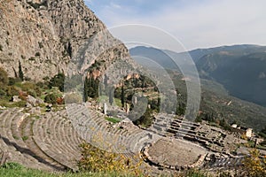 Stunning view onto Delphi\'s famous theatre and the spectacular landscape behind