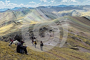 Stunning view at Palccoyo rainbow mountain Vinicunca alternative, mineral colorful stripes in Andean valley, Cusco, Peru, South