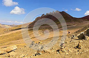 Stunning view at Palccoyo rainbow mountain Vinicunca alternative, mineral colorful stripes in Andean valley, Cusco, Peru, South