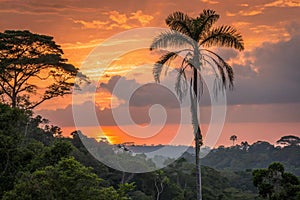 Palm Tree Silhouetted in the Orange Sunset, Amazonian Jungle photo