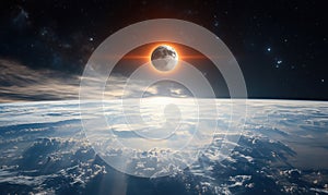 Stunning view of solar eclipse over Earth with dramatic clouds and starry sky