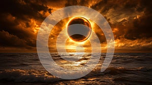 Stunning View of Solar Eclipse Over the Ocean with Dramatic Sky