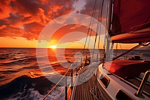 A stunning view of the sun setting over the ocean as seen from a sailboat, Yacht cruising at sunset, AI Generated