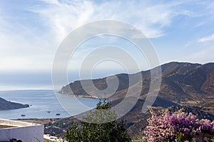 Stunning view to the sea from the chora of Patmos island, Greece, early in the morning