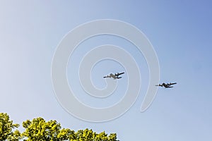 A stunning view of two military aircraft in flight above the treetops.