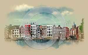 Stunning views from streets, old buildings, canals, Embankments of Amsterdam. The Netherlands. Watercolor sketch.