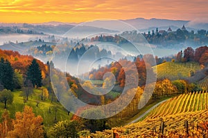 Stunning vineyards landscape in South Styria near Gamlitz. Autumn scene of grape hills in popular travell destination Eckberg.
