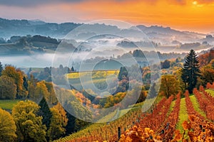 Stunning vineyards landscape in South Styria near Gamlitz. Autumn scene of grape hills in popular travell destination Eckberg.