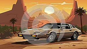 Stunning vintage retro sports car speeding through a mesmerizing retro futuristic landscape