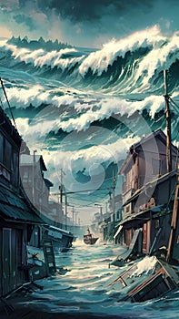 A stunning vintage styled watercolour painting of a large Tsunami