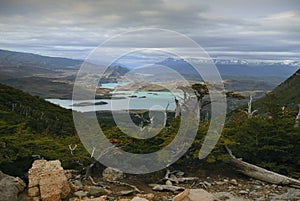 Stunning vista of lake and mountain landscape, Torres del Paine