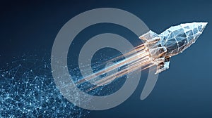 Futuristic Rocket Launch with Digital Network Visualization and Blue Glowing Effects against Dark Background.Generative AI