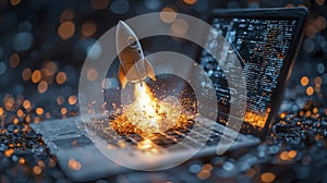 Fiery Rocket Propelling from Open Laptop