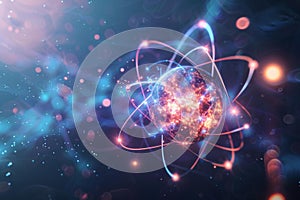Abstract Quantum Physics Concept with Glowing Atomic Particle