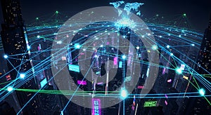Futuristic Cityscape - Digital Network Connections and Global Data Flow Visualization