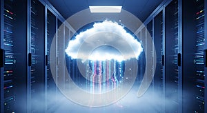 Cloud data transfer in a glowing server room