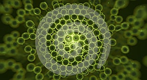 A stunning visualization of a dense cluster of glowing green microscopic cells