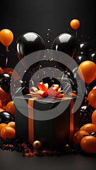 Stunning Visuals Black Gift Box with Black Orange Balloon with Sparks in Black Friday Event Soft Dark Light Background