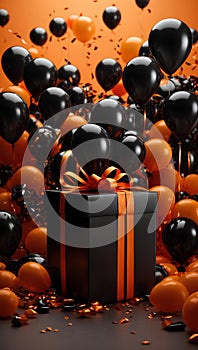 Stunning Visuals Black Gift Box with Black Orange Balloon with Sparks in Black Friday Event Soft Orange Light Background