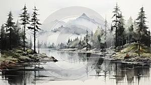Misty Watercolor Illustration Of Mountains And Lake photo