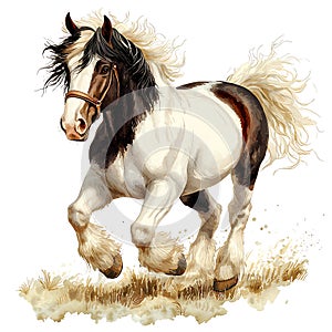 A Stunning Watercolor Painting of a Piebald Gypsy Vanner Horse in Motion photo