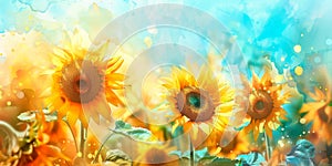 Stunning watercolor of sunflowers against a soft pastel background, evoking warmth and cheerfulness. Generative AI photo