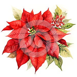 Stunning watercolour branch of red poinsettia flowers