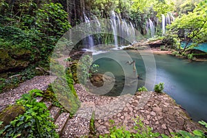 Stunning waterfalls over turquoise water in deep green forest in Kursunlu Natural Park, Antalya