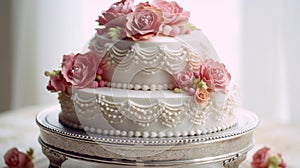 Elegant Multi-Tiered Wedding Cake with Fondant Flowers photo