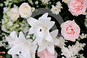 A stunning wedding decoration featuring an array of flowers elegantly combined