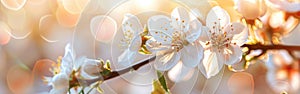 White Apple Blossom Panorama: Spring Flowers on Tree with Soft Bokeh Background