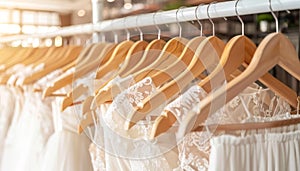 Stunning white bridal gowns elegantly showcased on hangers in a boutique bridal salon photo