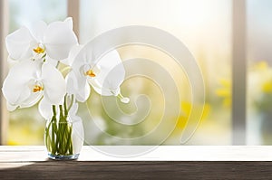 Stunning White Orchid Flower Arrangement in Sunlit Glass Vase.