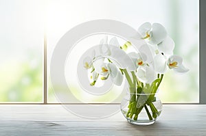 Stunning White Orchid Flower Arrangement in Sunlit Glass Vase.