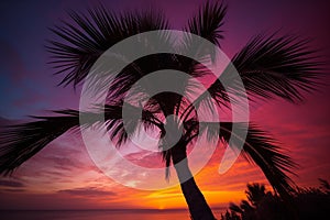 Tropical Sunset Silhouette: Palm Tree Against Golden Sky photo
