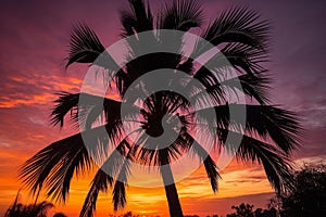 Tropical Sunset Silhouette: Palm Tree Against Golden Sky photo