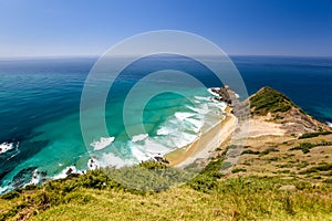 Stunning wide angle view of Cape Reinga, the northernmost point of the North Island of New Zealand